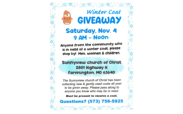 <h1 class="tribe-events-single-event-title">Winter Coat Giveaway At Sunnyview Church Of Christ</h1>