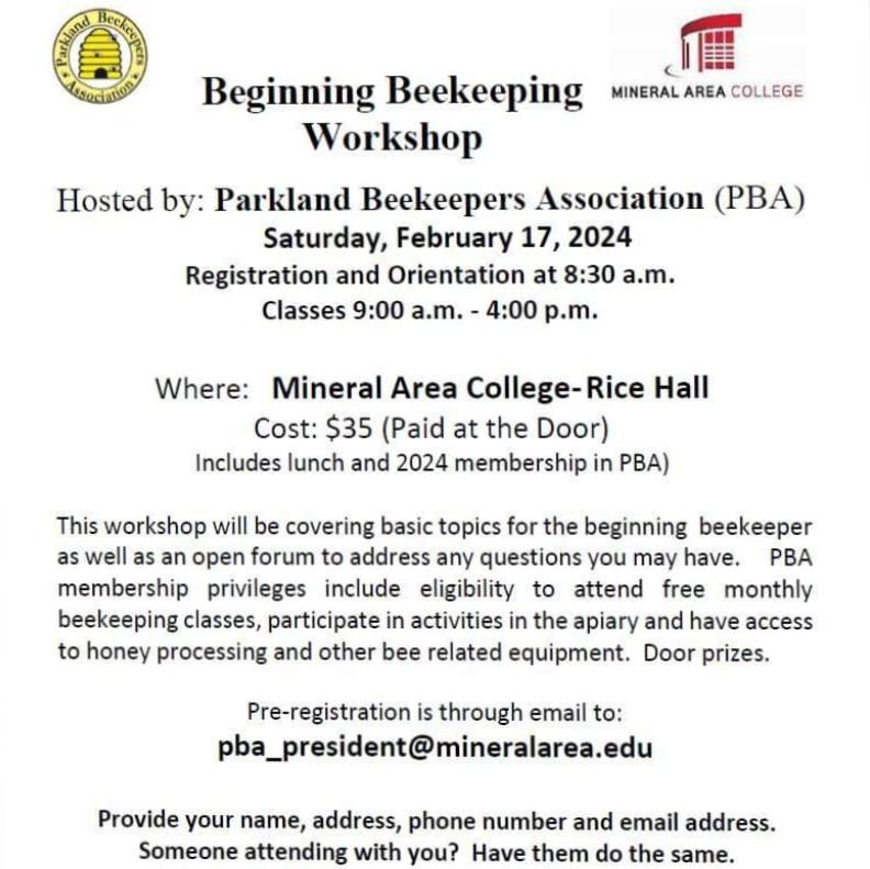 <h1 class="tribe-events-single-event-title">BEGINNING BEEKEEPER WORKSHOP IN PARK HILLS</h1>